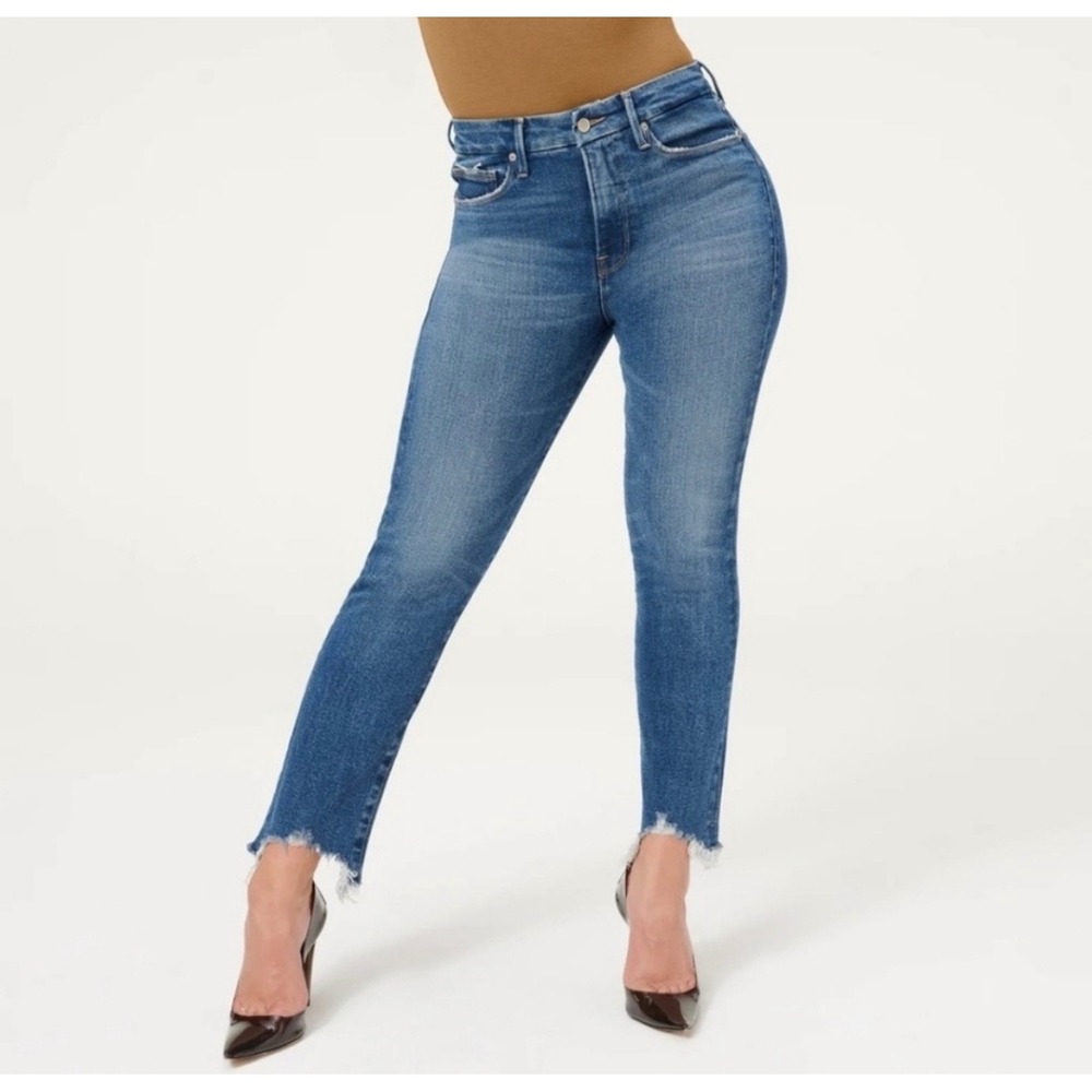 Good American Good Legs Cigarette Jeans Blue High Rise Raw Hem GLSPL67T Size 16